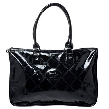 Pre Owned Longchamp Black Printed Patent Leather Tote