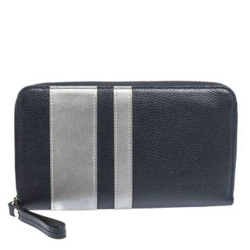 Pre Owned Longchamp Blue/Grey  Striped Leather Le Foulonne City Zip Around  Wallet