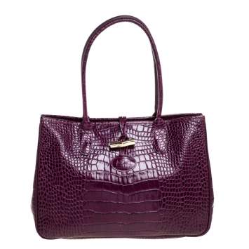 Pre Owned Longchamp Purple Crocodile Embossed Leather Roseau Tote 