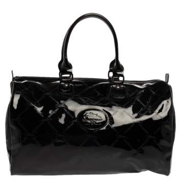 Pre Owned Longchamp Black Signature Print Patent Leather Satchel