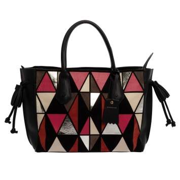 Pre Owned Longchamp Black/Multicolor Leather and Suede Medium Penelope Arty Tote