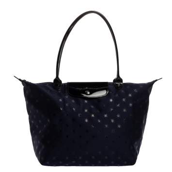 Pre Owned Longchamp Navy Blue/Black Star Print Nylon and Patent Leather Medium Le Pliage Tote