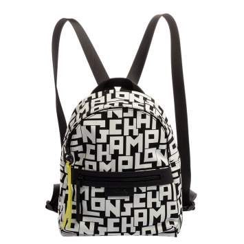 Pre Owned Longchamp Black/White Nylon and Leather Le Pliage Backpack