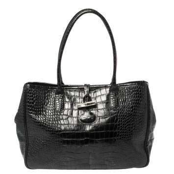 Pre Owned Longchamp Black Glaze Croc Embossed Leather Roseau Tote