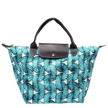 Pre Owned Longchamp Blue/Brown Fabric and Leather Surf and The City Le Pliage Tote