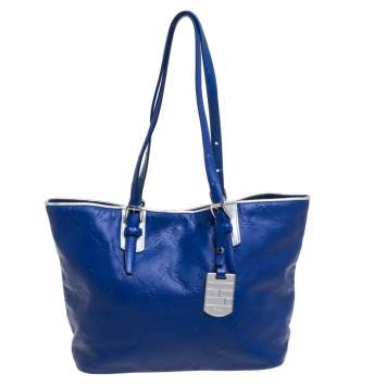 Pre Owned Longchamp Blue/Silver Leather Medium LM Cuir Shopper Tote