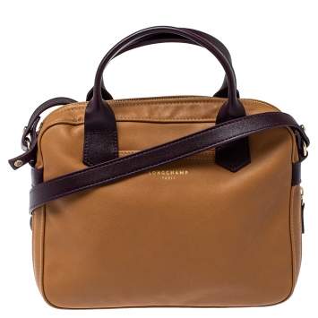 Pre Owned Longchamp Tan /Plum Leather Zip Detail Expandable Satchel