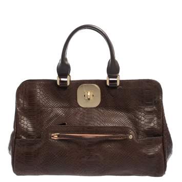 Pre Owned Longchamp Dark Brown Python Embossed Leather Gatsby Tote