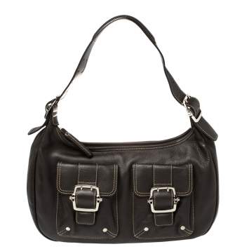 Pre Owned Longchamp Mocha Leather Buckle Pocket Hobo