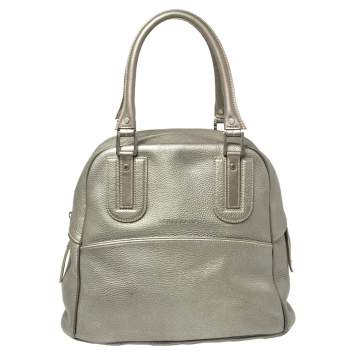 Pre Owned Longchamp Pale Green Shimmer Leather Zip Satchel