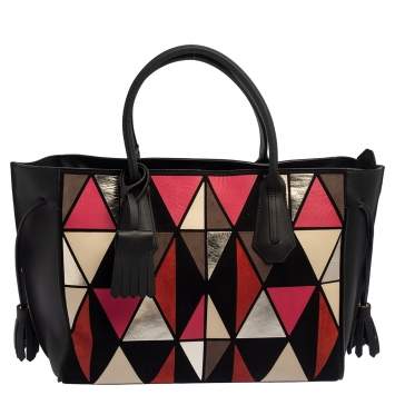 Pre Owned Longchamp Black/Multicolor Leather and Suede Medium Penelope Arty Tote