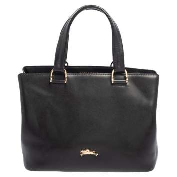 Pre Owned Longchamp Black Leather Buckle Handle Tote