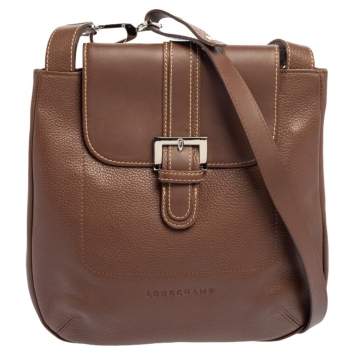 Pre Owned Longchamp Brown Leather Buckle Flap Sling Hobo