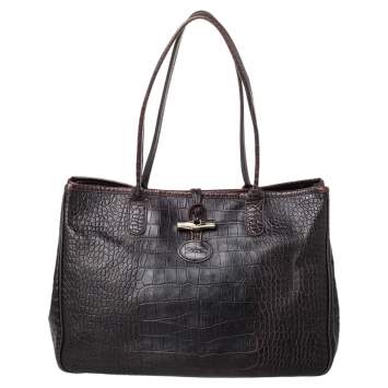 Pre Owned Longchamp Dark Brown Croc Embossed Leather Roseau Tote