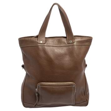 Pre Owned Longchamp Brown Grained Leather Convertible Tote
