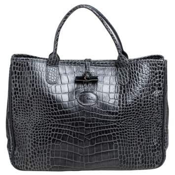 Pre Owned Longchamp Dark Grey Glaze Croc Embossed Leather Roseau Tote