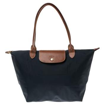 Pre Owned Longchamp Navy Blue Nylon and Leather Le Pliage Tote