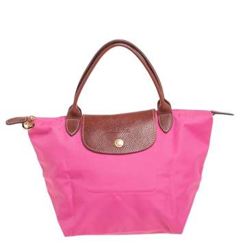 Pre Owned Longchamp Pink/Brown Nylon and Leather Le Pliage Tote