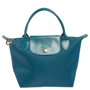 Pre Owned Longchamp Teal Blue Leather and Nylon Min Le Pliage Tres Tote