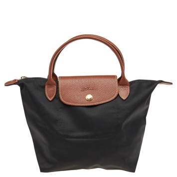 Pre Owned Longchamp Black/Brown Nylon And Leather Small Short Le Pliage Tote
