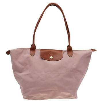 Pre Owned Longchamp Pink/Brown Nylon And Leather Le Pilage Tote