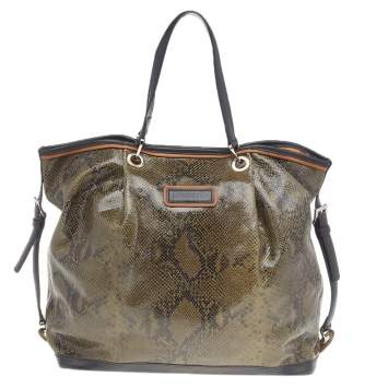 Pre Owned Longchamp Olive Green/Black Snakeskin Embossed Leather Tote