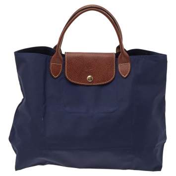 Pre Owned Longchamp Navy Blue/Brown Nylon And Leather Medium Le Pliage Tote