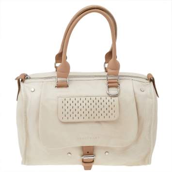 Pre Owned Longchamp Beige Leather Front Pocket Boston Bag