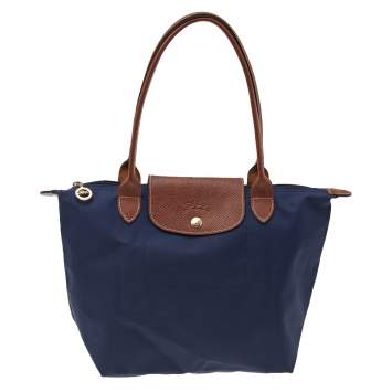 Pre Owned Longchamp Navy Blue/Brown Nylon And Leather Small Le Pliage Tote