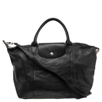 Pre Owned Longchamp Black Soft Leather Le Pliage Cuir Tote