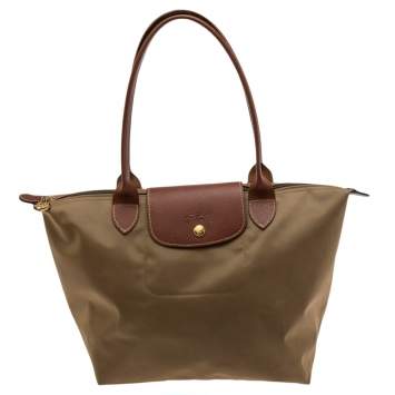Pre Owned Longchamp Khaki Brown Nylon and Leather Small Le Pliage Tote