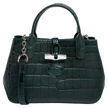 Pre Owned Longchamp Green Crocodile Embossed Leather Roseau Tote