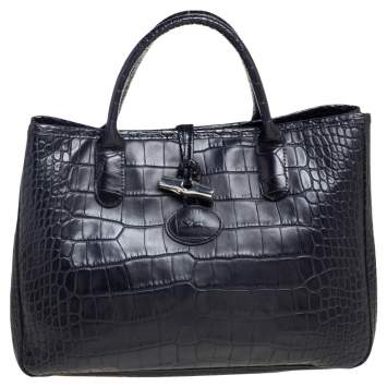Pre Owned Longchamp Black Croc Embossed Leather Roseau Tote