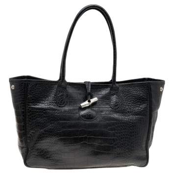Pre Owned Longchamp Black Glaze Croc Embossed Leather Roseau Tote