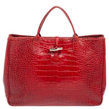 Pre Owned Longchamp Red Croc Embossed Leather Roseau Tote