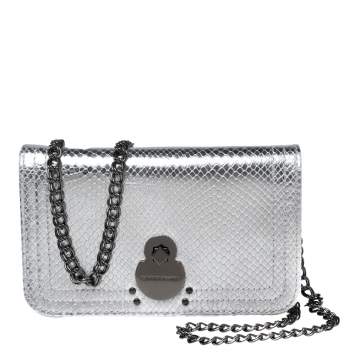 Pre Owned Longchamp Silver Snakeskin Embossed Leather Cavalcade Wallet on Chain