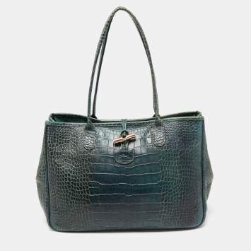 Pre Owned Longchamp Dark Green Croc Embossed Leather Roseau Tote
