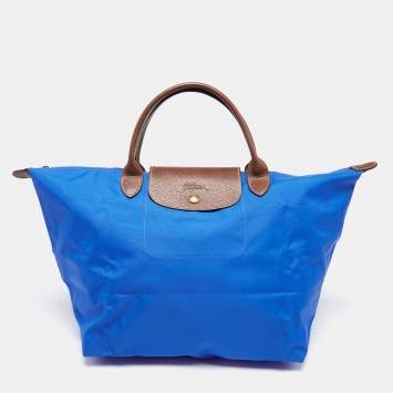 Pre Owned Longchamp Blue/Brown Nylon and Leather Le Pliage Tote
