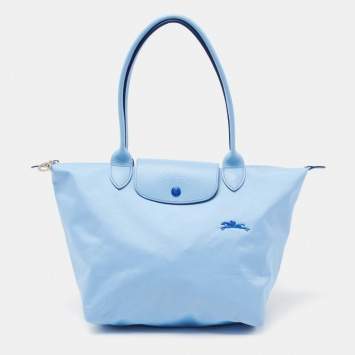 Pre Owned Longchamp Light Blue Leather and Nylon Le Pliage Tote