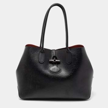 Pre Owned Longchamp Black Leather Roseau Tote