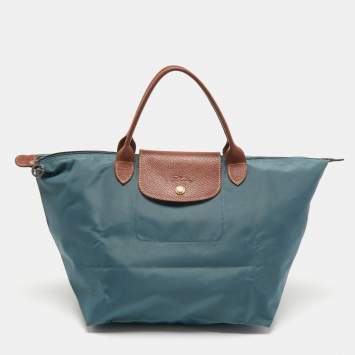 Pre Owned Longchamp Grey/Brown Leather and Nylon Le Pliage Tote