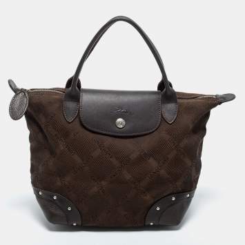Pre Owned Longchamp Brown Canvas and Leather Small Quadrille Le Pliage Tote