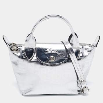Pre Owned Longchamp Silver Monogram Embossed Leather XS Le Pliage Tote