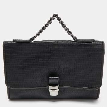Pre Owned Longchamp Black Embossed Leather Chain Top Handle Bag