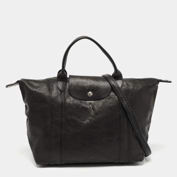 Pre Owned Longchamp Black Leather Le Pliage Top Handle Bag