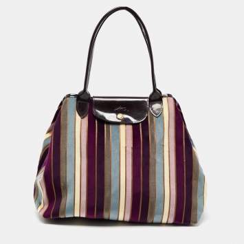 Pre Owned Longchamp Multicolor Stripe Velvet and Patent Leather Tote