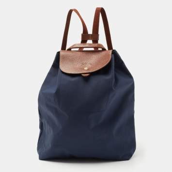 Pre Owned Longchamp Navy Blue/Brown Nylon and Leather Le Pliage Drawstring Backpack