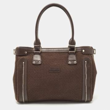 Pre Owned Longchamp Dark Brown Woven Fabric and Leather Zip Detail Expandable Tote