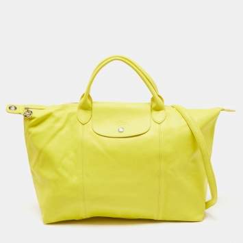 Pre Owned Longchamp Lime Green Leather Large Le Pliage Tote