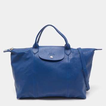 Pre Owned Longchamp Blue Leather Large Le Pliage Tote
